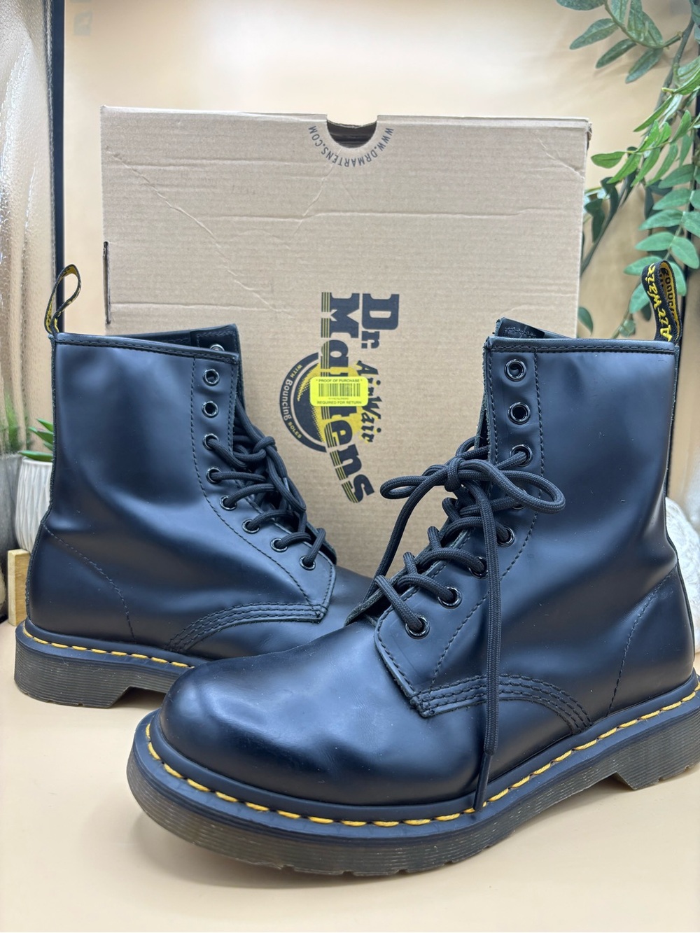 Dr. Martens Black Leather 8-Eye Lace-Up Boots with Yellow Stitching
